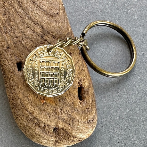 1959 threepence key ring key chain, a perfect vintage gift for a 65th birthday or anniversary