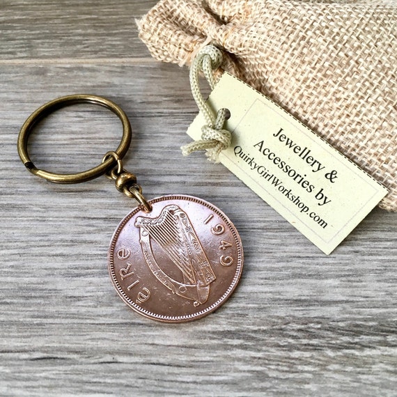 1949 Irish penny keyring, harp coin keychain or clip, a perfect 75th birthday gift for a man or woman proud of thier Irish heritage