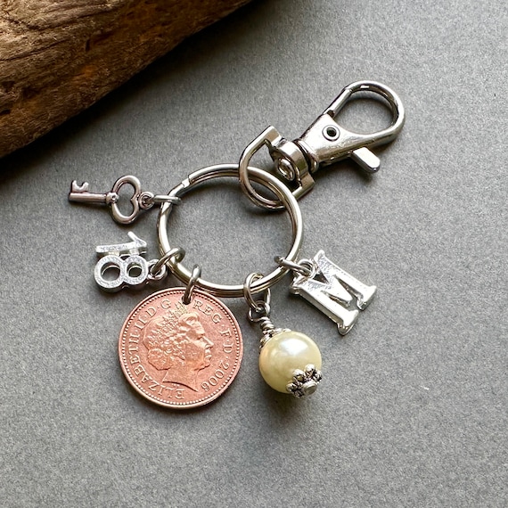 18th birthday gift, 2006 British lucky penny bag charm clip, personalised gift, birthstone and initial present, UK anniversary gift