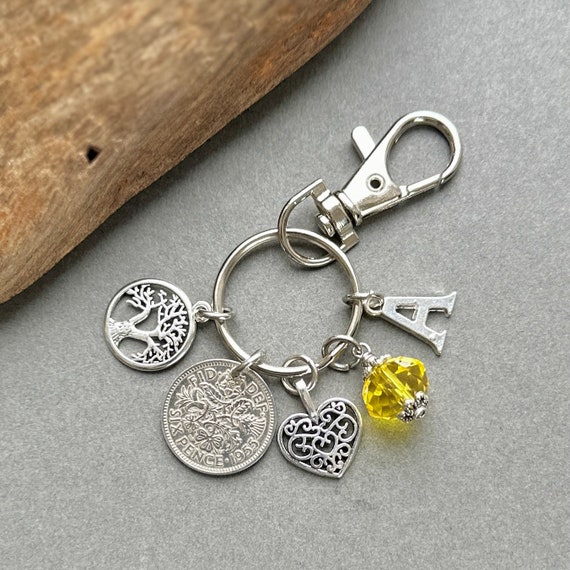 1955 lucky sixpence birthstone charm or bag clip, personalised gift, choose initial and birthstone colour, 69th birthday gift