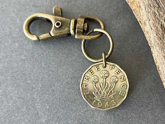 1943 British brass threepence coin clip style keyring, British 3d coin bag clip