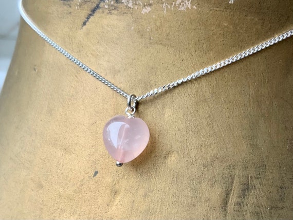 Dainty Rose quartz heart necklace on a sterling silver chain, the perfect romantic gift