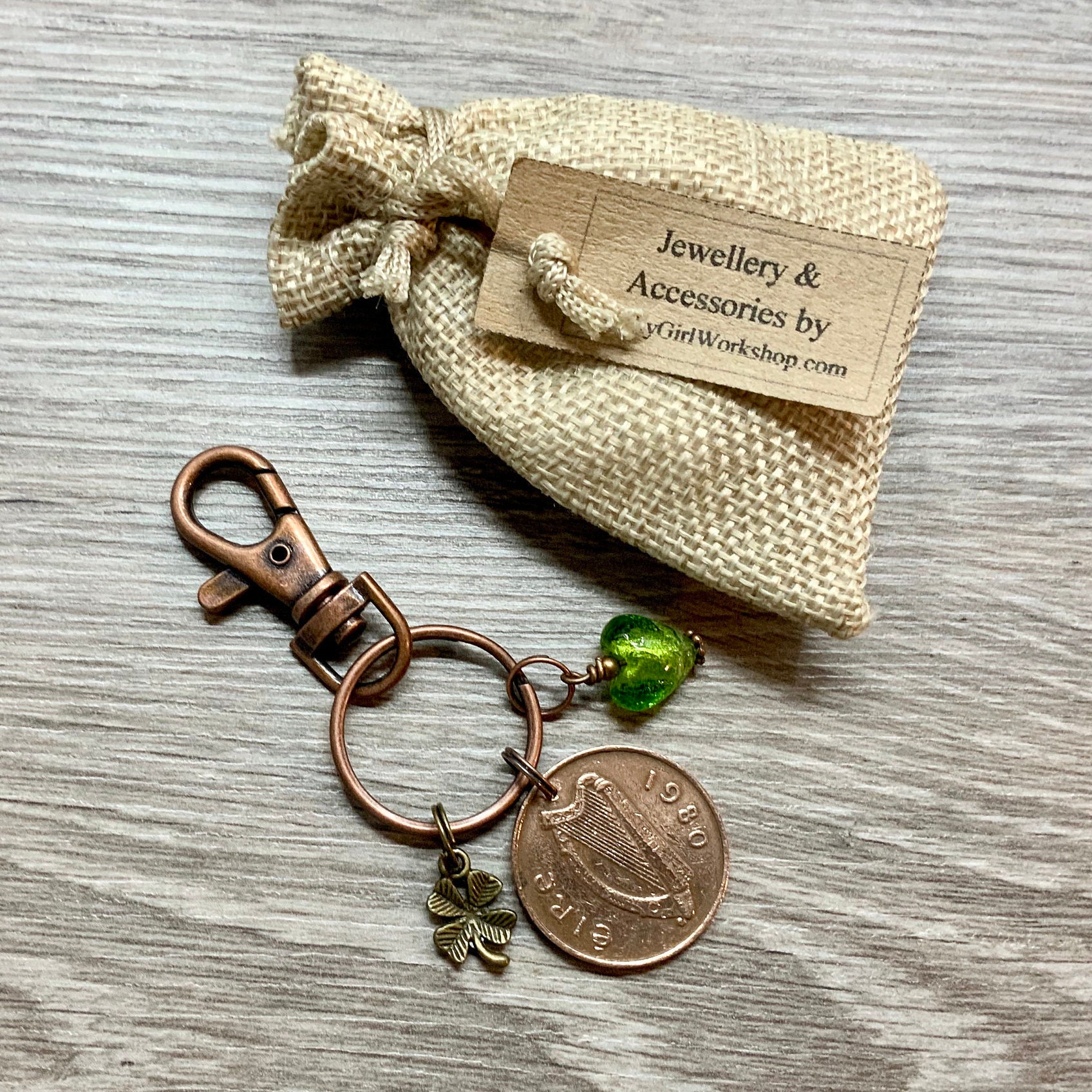 1980 Irish coin bag charm, Celtic good luck, Ireland lucky purse charm, 40th birthday or