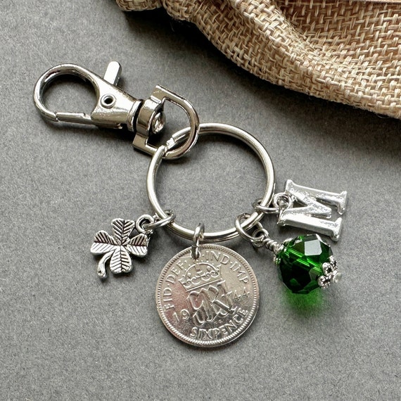 1944 silver sixpence, 80th birthday gift, birthstone charm, bag clip, personalised gift, choose initial and birthstone colour