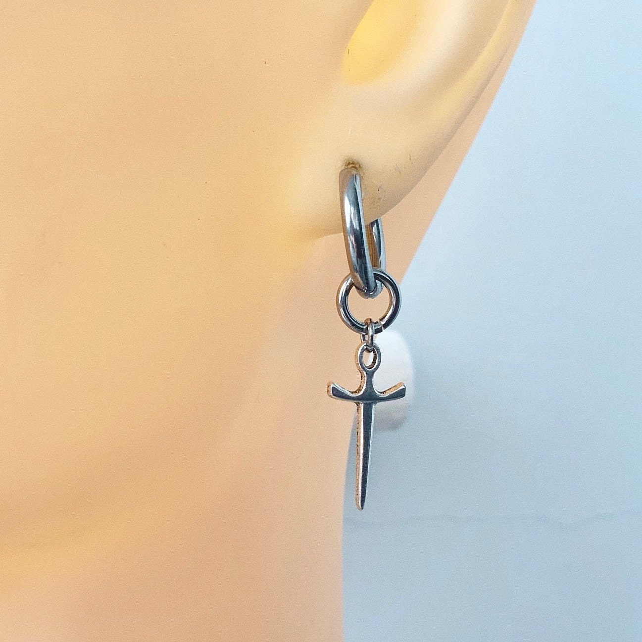 Thick hoop dagger earring or a pair of earrings, stainless steel jewellery for men or women