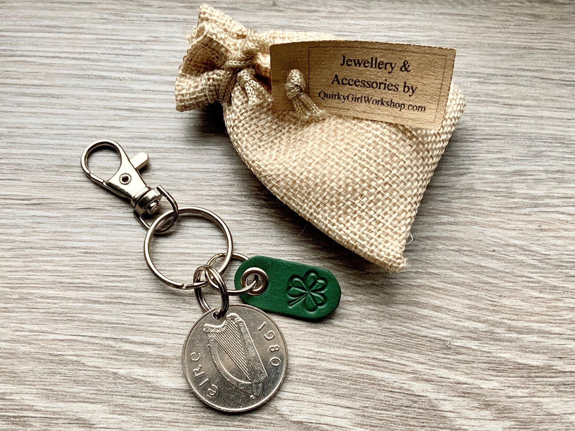 Ireland coin keychain, keyring or clip with a shamrock leather tag