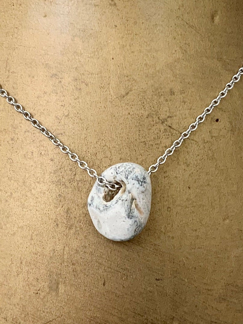 hag stone necklace, beach pebble, sea worn rock pendant, natural hole ...