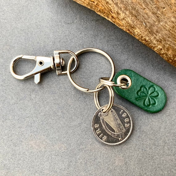 1962 Irish sixpence keychain, Ireland coin keyring or clip, shamrock 62nd birthday gift, Irish wolfhound present for a man or woman