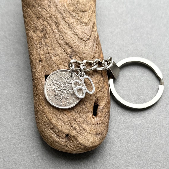 60th birthday or anniversary gift, a 1964 British sixpence key ring, UK coin key chain,