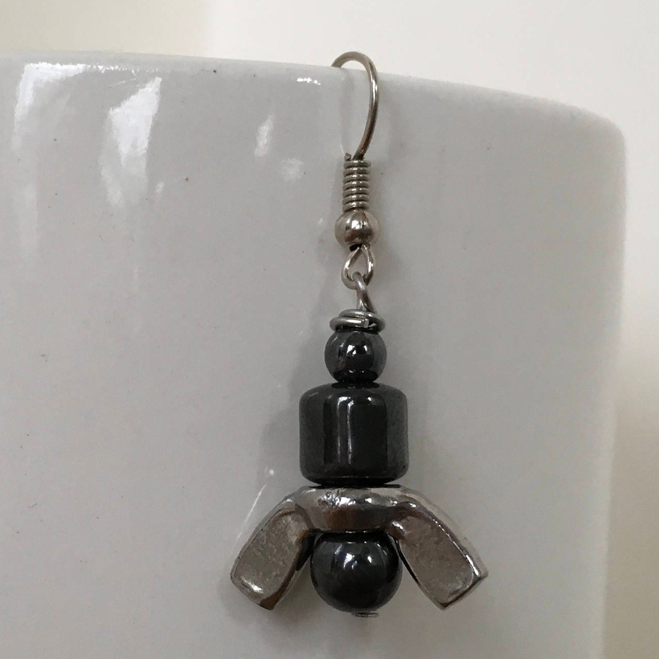 Single wing nut earring, Mens hematite bead jewellery, guys grey urban