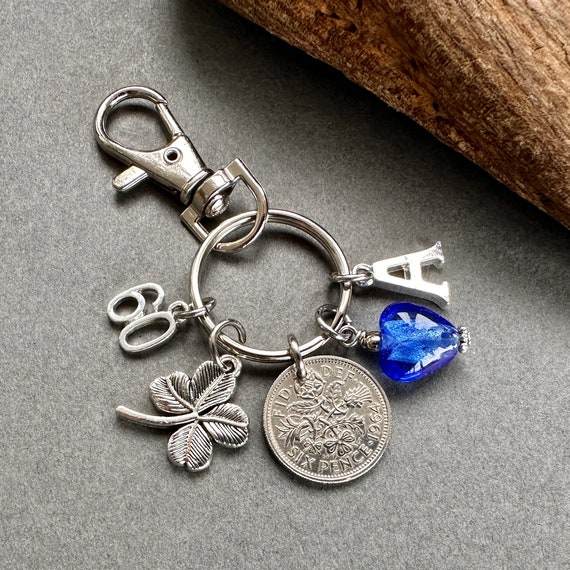 60th birthday gift, 1964 sixpence charm bag clip, clip style Key ring, choose initial, personalised gift, 60th birthday in 2024