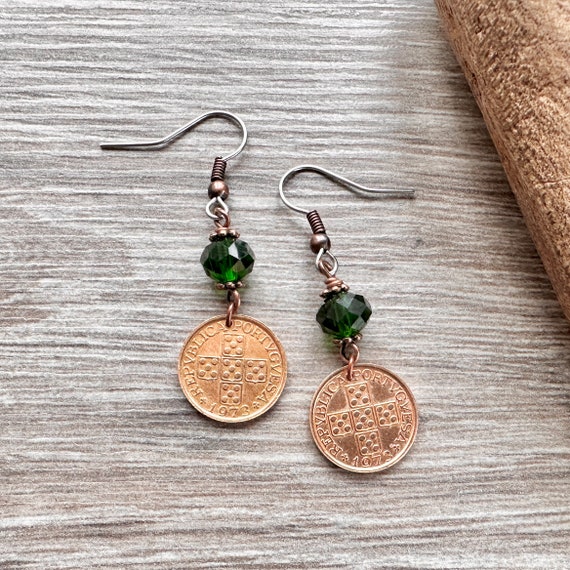 Portuguese coin earrings, 51st birthday gift, Portugal Jewellery, 1973 anniversary present for a woman