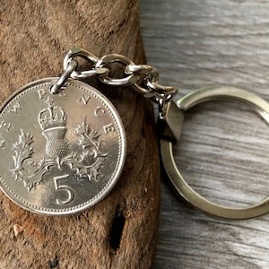 1969 Scottish thistle coin keyring, British five 5p pence coin key chain or clip, 56th Scotland birthday or anniversary gift