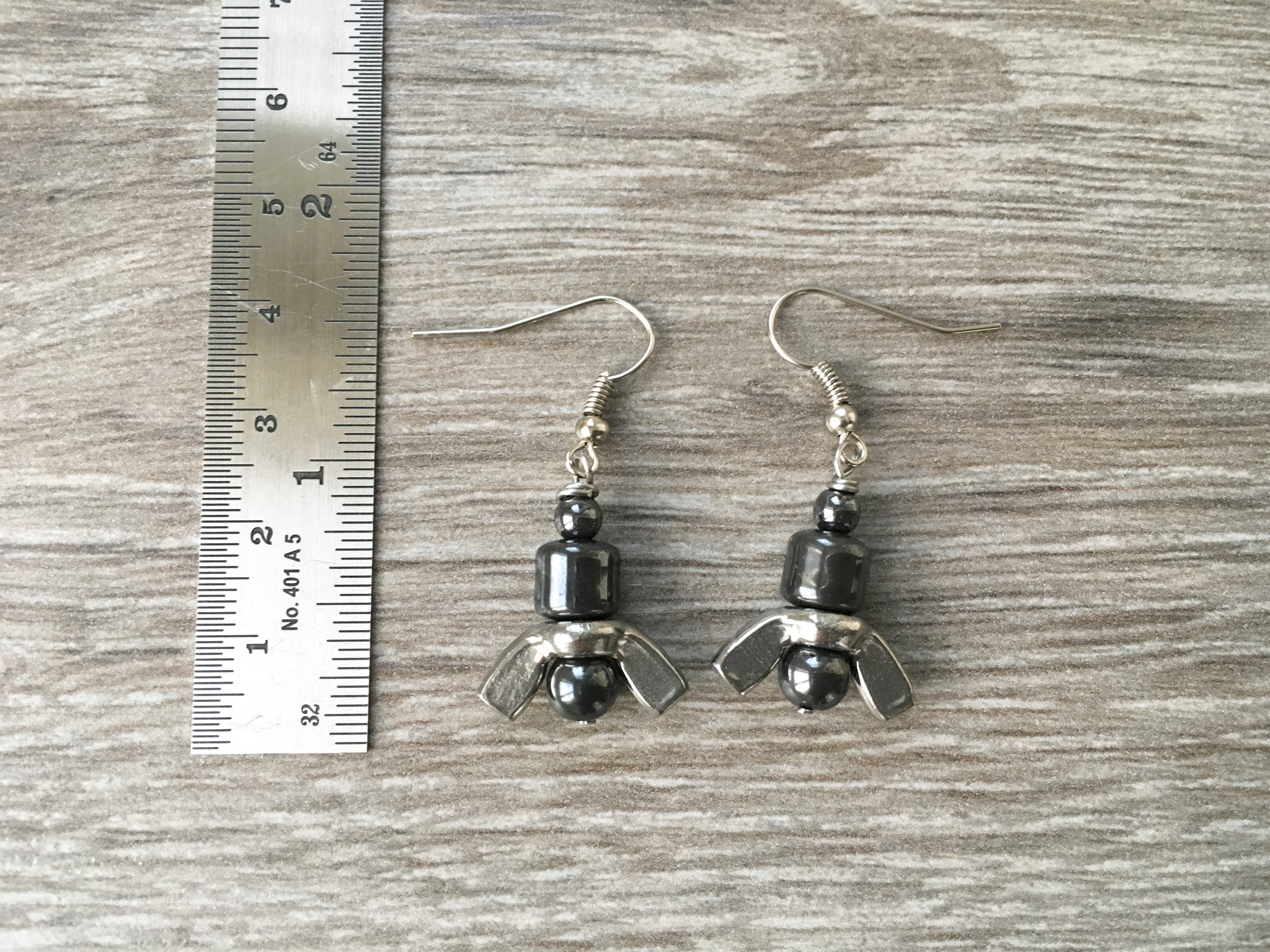Wing nut earrings, hematite bead jewellery, grey urban long dangle