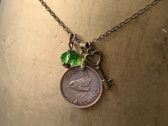 1943 Wren Farthing necklace, British coin jewellery, green cut glass charm, 81st birthday gift