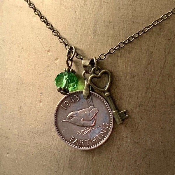 1943 Wren Farthing necklace, British coin jewellery, green cut glass charm, 81st birthday gift