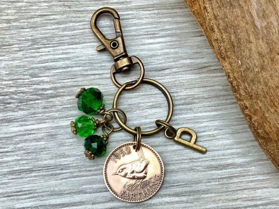 Farthing and green beaded charm bag clip, choose initial and coin year 1937 - 1951 birthday or anniversary gift, bird coin key ring