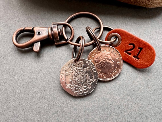 21st birthday gift, a 2002 or 2003 penny and a 2002 or 2003 twenty pence key chain, key ring or clip with a leather number 21 tag