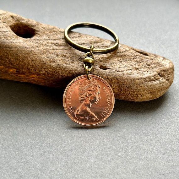 1975 British two pence coin keyring, 2p keychain for a perfect 49th birthday or anniversary gift