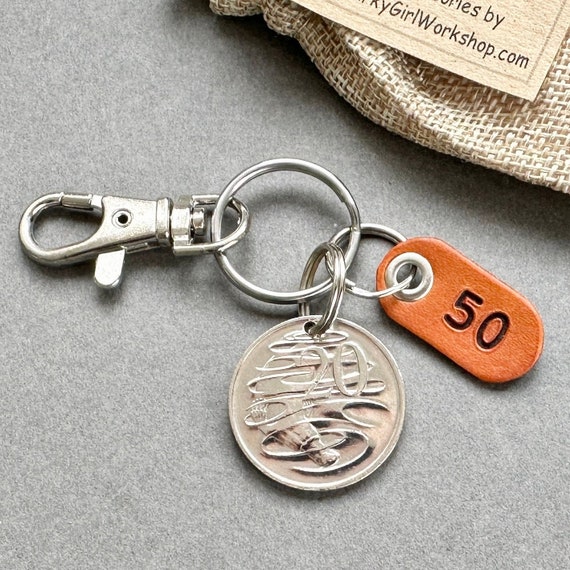 50th birthday or anniversary  gift, 1974 Australian 20 cent coin keyring, keychain or clip, with a handmade number 50 leather tag