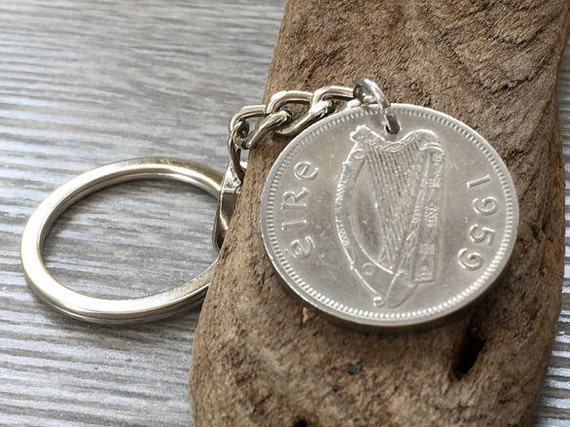 1959 Irish two shilling coin keyring or clip, 65th birthday gift, handmade with a genuine florin from Ireland