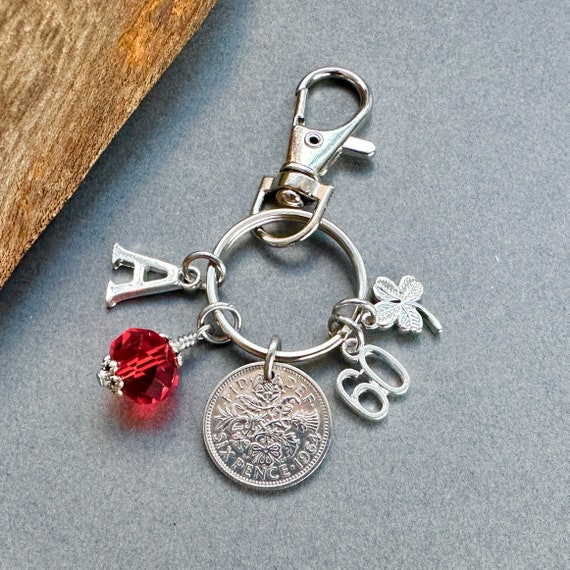1964 lucky sixpence charm bag clip, personalised gift, choose initial and birthstone colour, nostalgic gift