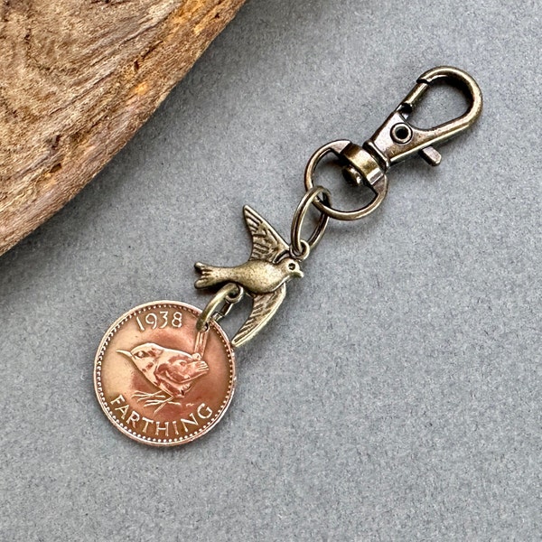 Wren Farthing coin and bird key ring or clip, choose coin year 1937 - 1951