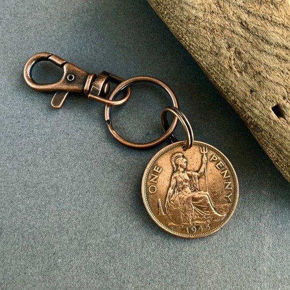 1945 British big penny handmade into a keyring clip, a perfect 79th birthday gift for some born in 1945