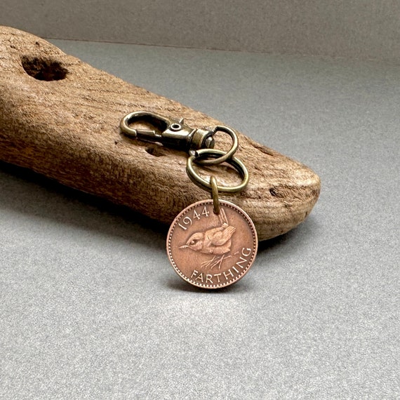 80th birthday gift, a 1944 Wren Farthing clip style keyring, 80 year old UK coin, English bird, British present for a man or woman