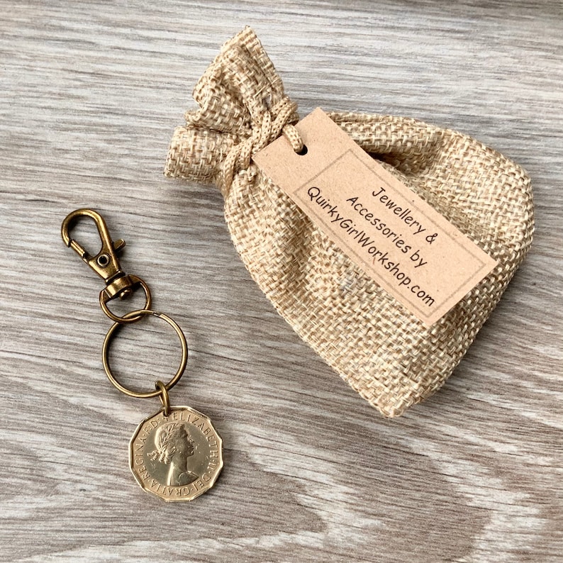 English brass three penny clip 66th or 67th birthday gift GB threepence keyring 1954 or 1955 British coin keychain