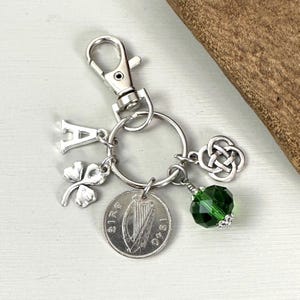 1940 Irish sixpence charm clip, irish coin clip style keyring with a Celtic knot, a shamrock and choice of initial, a lovely thoughtful gift