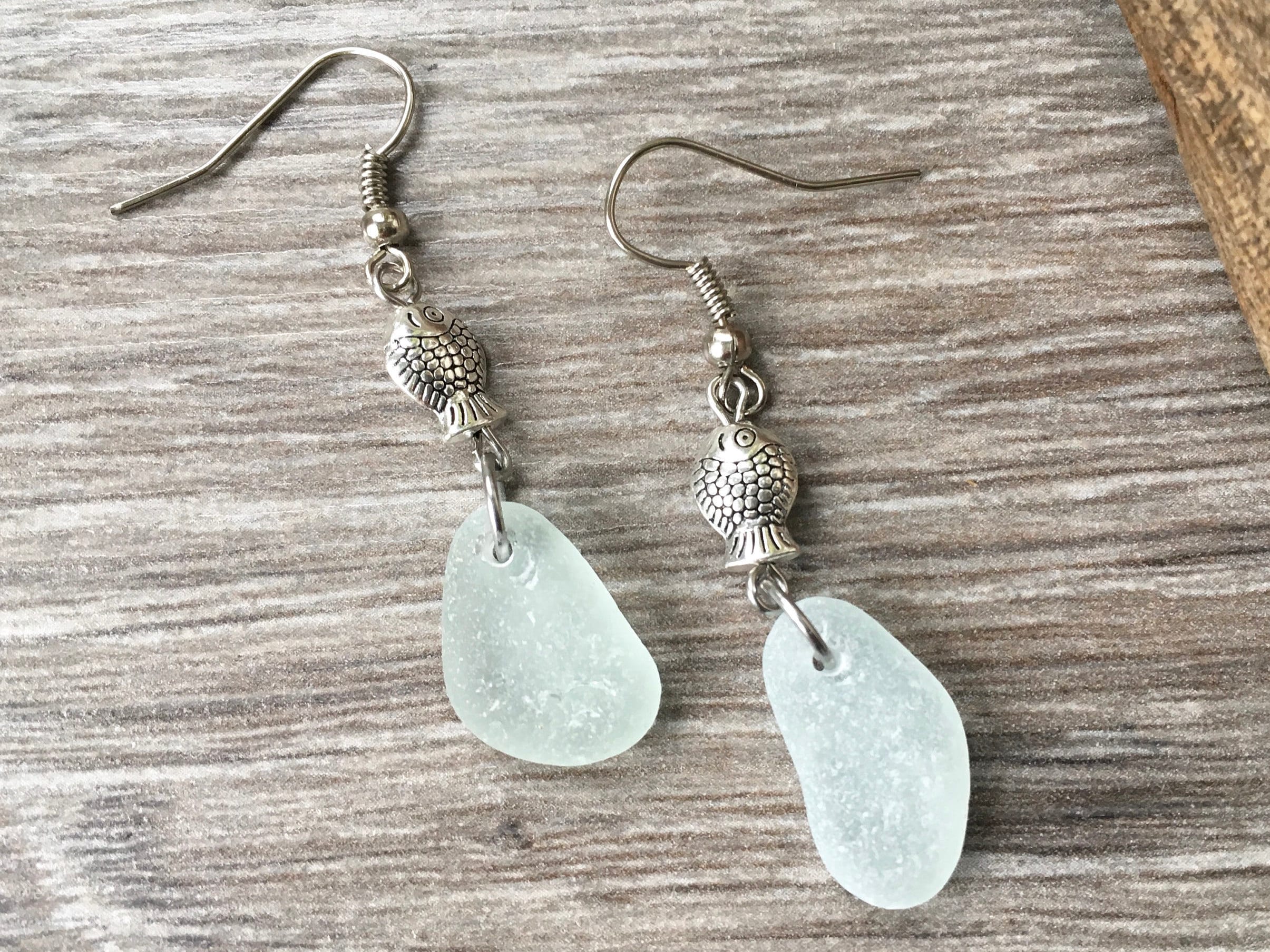 Cornish sea glass earrings, Little fish earrings, beach glass jewelry