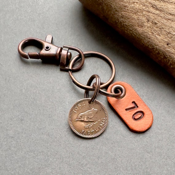 70th birthday gift 1954 British farthing Key ring clip, English wren coin key ring, bird coin clip