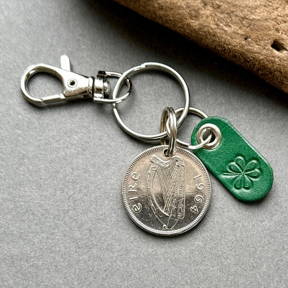 60th birthday gift, 1964 Irish Florin with a green shamrock key chain, Ireland coin key ring or clip, perfect for a 60th anniversary