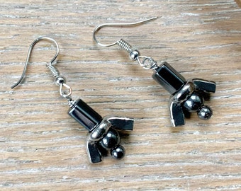 Wing nut and hematite bead dangle earrings with stainless steel ear wires, tool box earrings