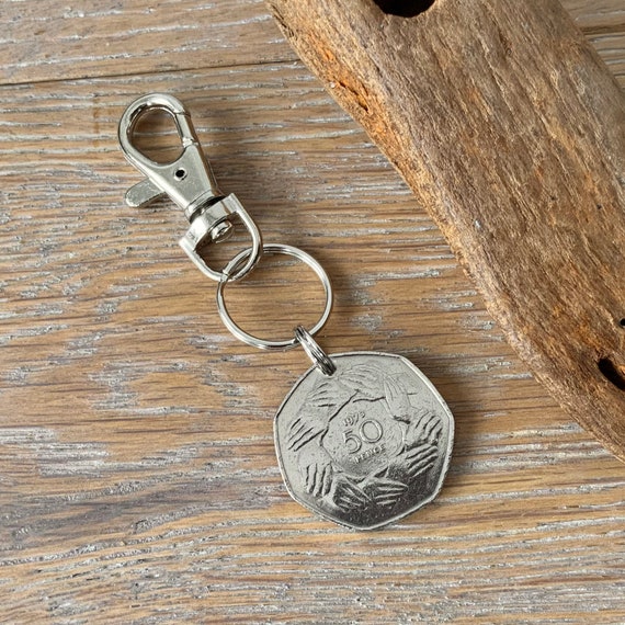 1973 ring of hands UK 50p coin keyring, keychain, or swivel clasp, British fifty pence coin, 51st birthday or anniversary gift