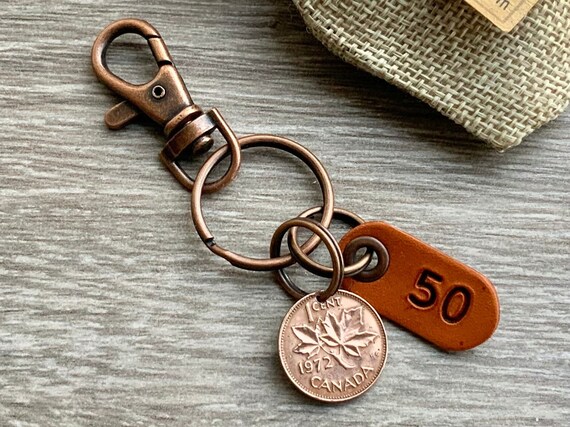50th birthday gift, 1972 Canadian penny clip, canada lucky coin keyring, anniversary present for a man or woman