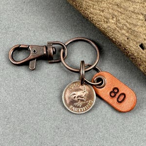 80th birthday gift, 1945 British farthing coin clip style Keyring, keepsake coin from the UK