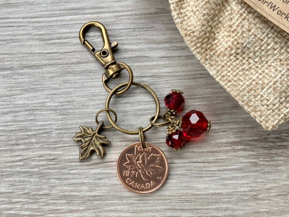 Canada coin key ring or clip 1970 - 1982 choose penny year, maple leaf key chain, Canadian one cent bag clip, purse charm,