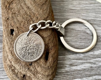 Sixpence key chain, lucky coin key ring, choose coin year for a perfect birthday, anniversary, retirement or good luck gift,