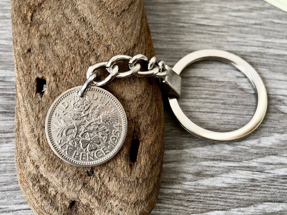 Sixpence key chain, lucky coin key ring, choose coin year for a perfect birthday, anniversary, retirement or good luck gift,