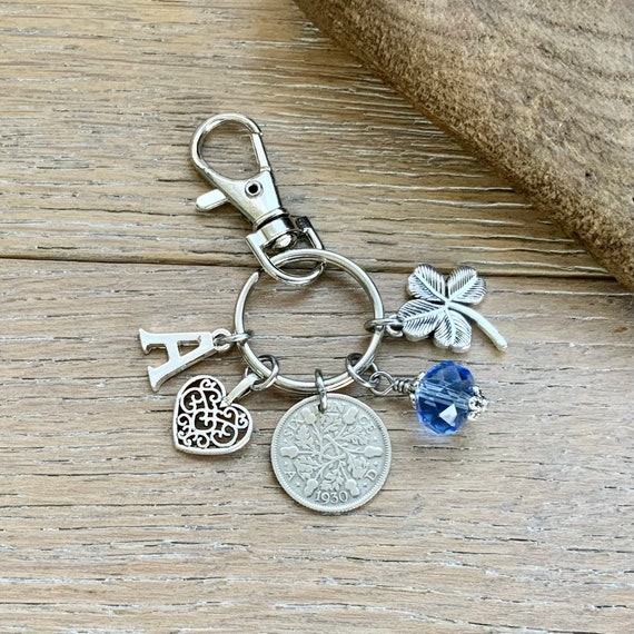 1930 sixpence charm, bag clip, personalised gift, choose initial and birthstone colour, 94th birthday gift or good luck bride,