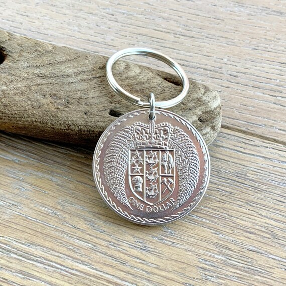 1971 New Zealand coin keyring, NZ commemorative one dollar coin