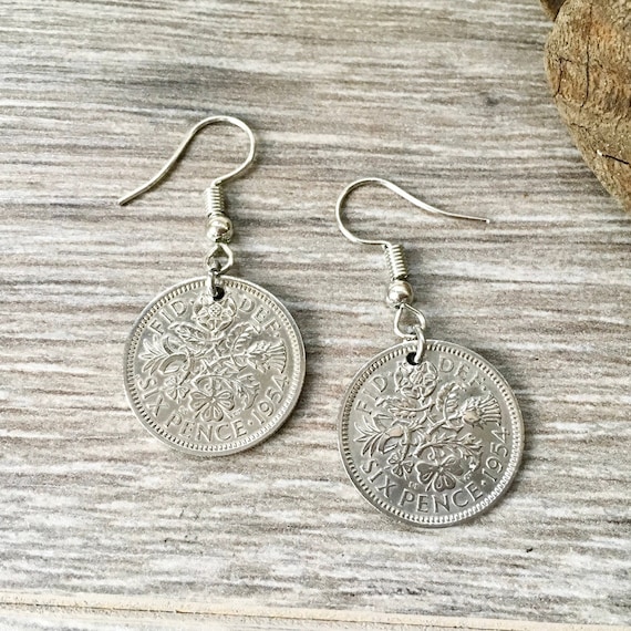 Sixpence earrings, Choose between Sterling silver or stainless steel ear wires, choose sixpence year