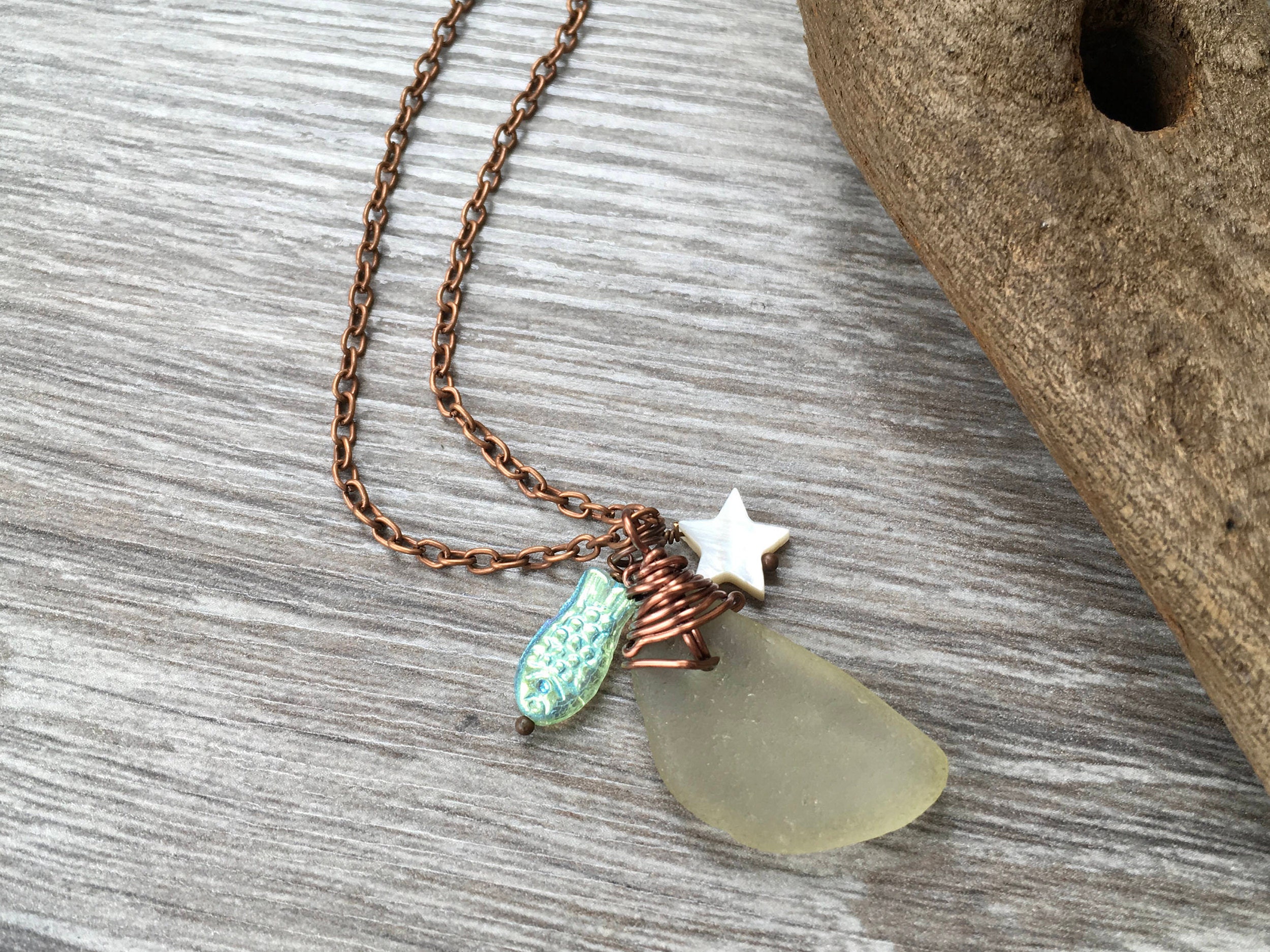 Natural sea glass necklace, shell star, glass fish charm, Beach glass
