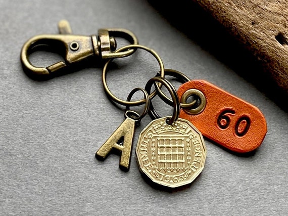 1963 British brass threepence coin keychain, keyring or clip, a great gift for a 60th birthday in 2023, 1963 lucky birth year coin
