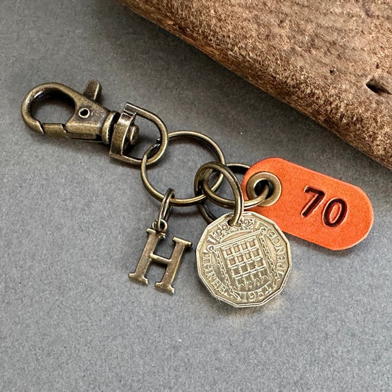 1954 British brass threepence coin clip style key ring, key chain, a great gift for a 70th birthday in 2024, 1954 lucky birth year coin