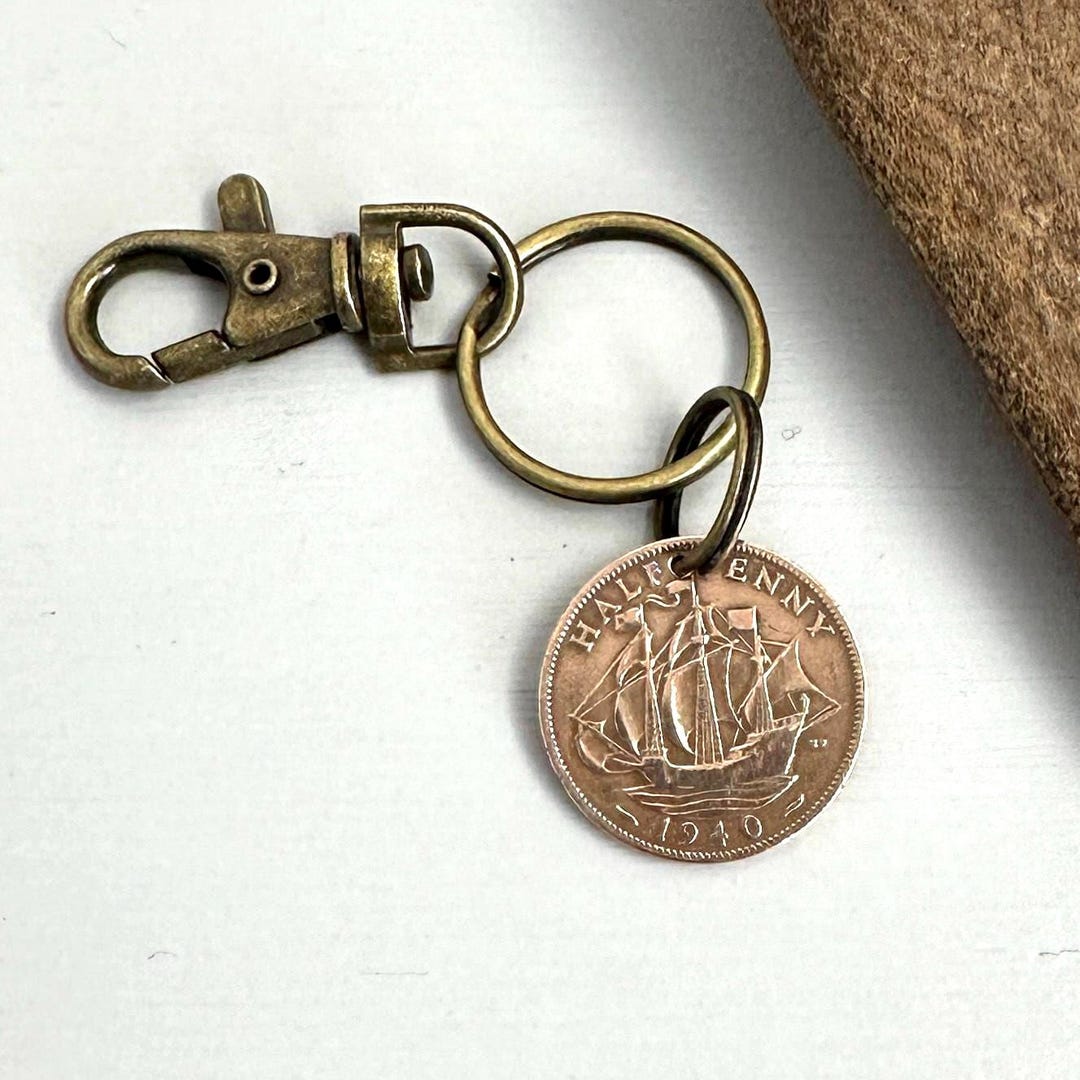 1940 British Half Penny Clip Style Keyring 1940 Coin Keychain, English ...