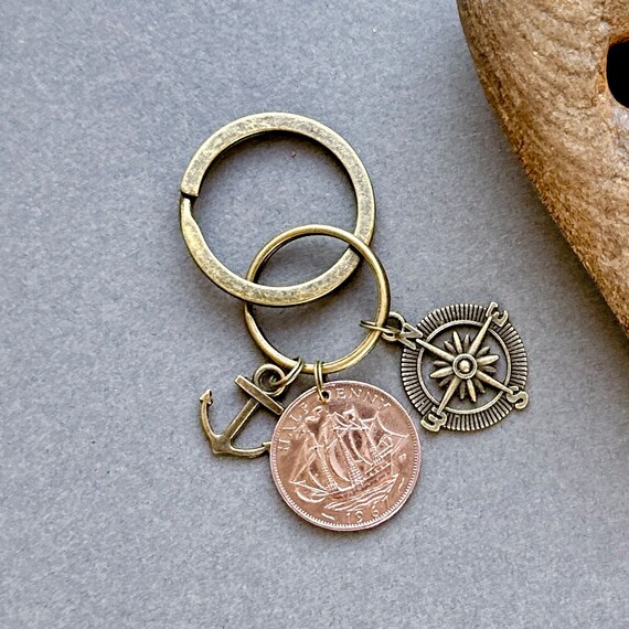 Ship coin keyring, key chain or clip, British half penny, choose coin year, sailing, navy, travel, nautical gift