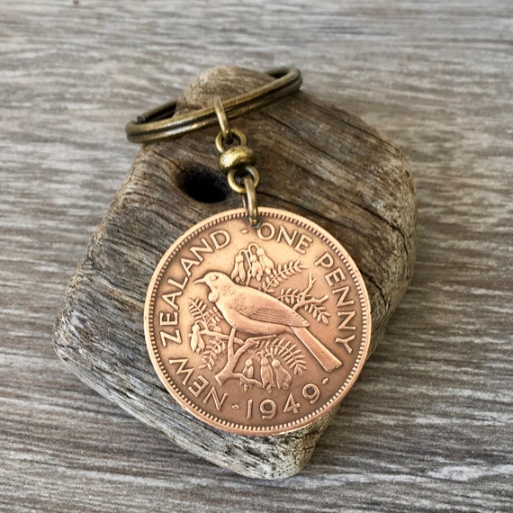 New Zealand 1949 penny keyring, tui bird coin keychain, a perfect birthday or anniversary gift for a man or woman